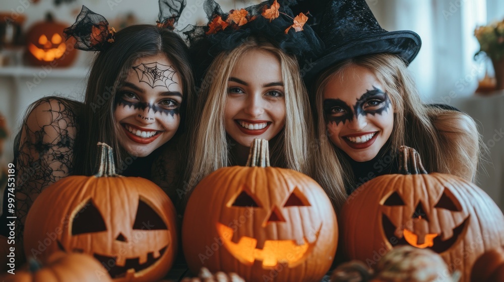 Fototapeta premium Halloween Celebrations with Witches and Pumpkins in an Autumn Forest Setting