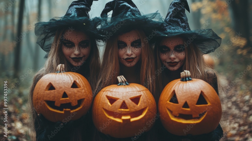 Fototapeta premium Halloween Celebrations with Witches and Pumpkins in an Autumn Forest Setting