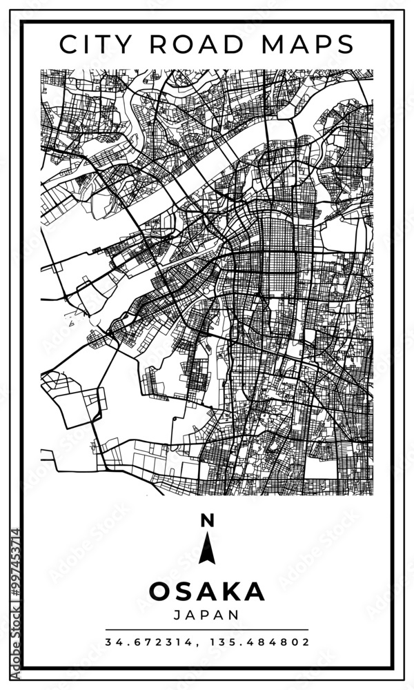 Naklejka premium Monochrome Line Art Map of Osaka City of Japan, Illustration and home decoration