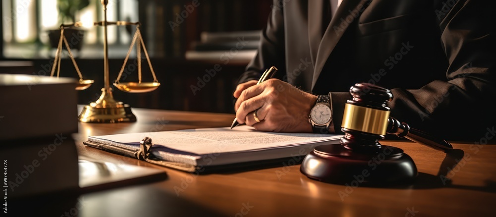 Lawyer Signing Documents with Gavel and Scale of Justice in Background Lawyer Signing Documents with Gavel and Scale of Justice in Background