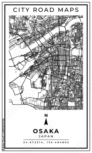 Monochrome Line Art Map of Osaka City of Japan, Illustration and home decoration