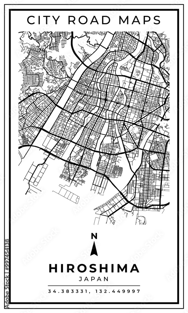 Obraz premium Monochrome Line Art Map of Hiroshima City of Japan, Illustration and home decoration
