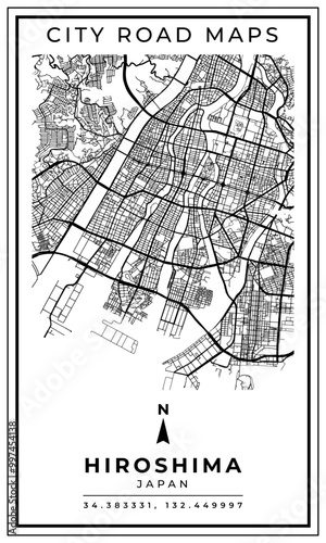 Monochrome Line Art Map of Hiroshima City of Japan, Illustration and home decoration