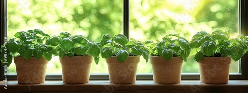 Five potted basil plants on a windowsill with a blurred green background