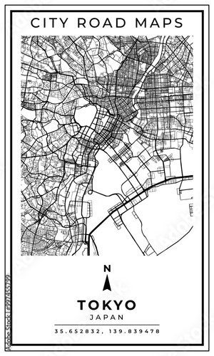 Monochrome Line Art Map of Tokyo City of Japan, Illustration and home decoration