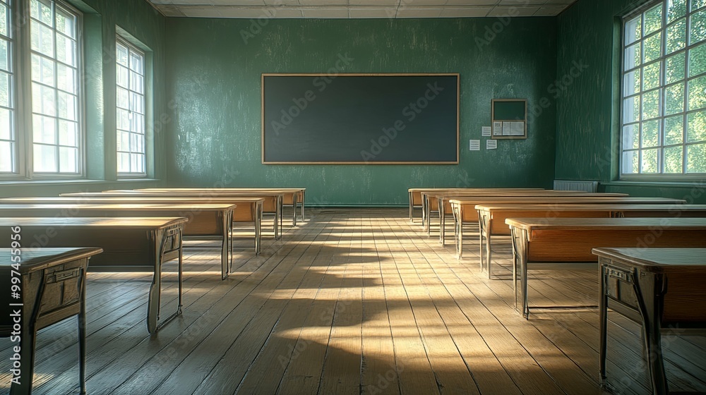 Empty Classroom with Wooden Desks and a Chalkboard Empty Classroom with Wooden Desks and a Chalkboard