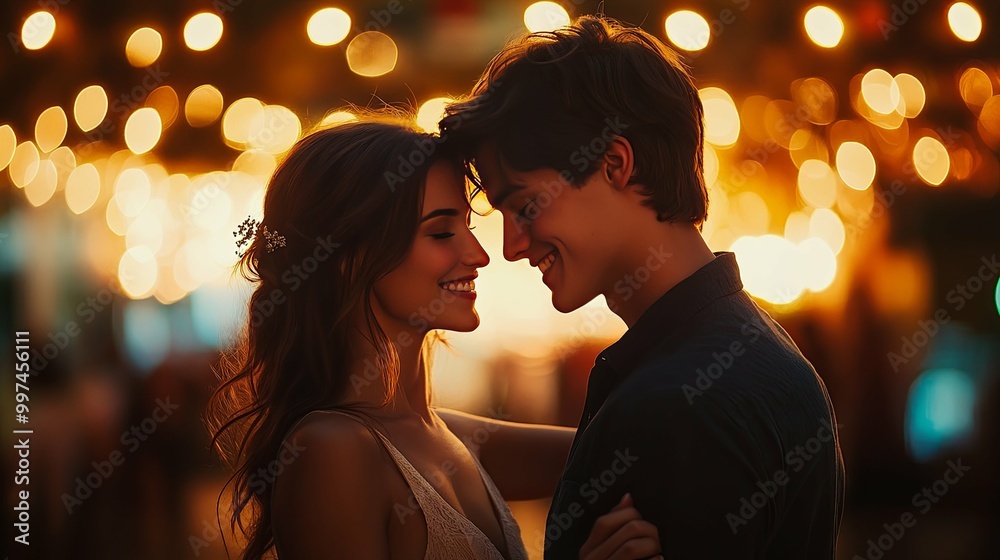 A Couple Embraces Under a Canopy of Warm Lights A Couple Embraces Under a Canopy of Warm Lights
