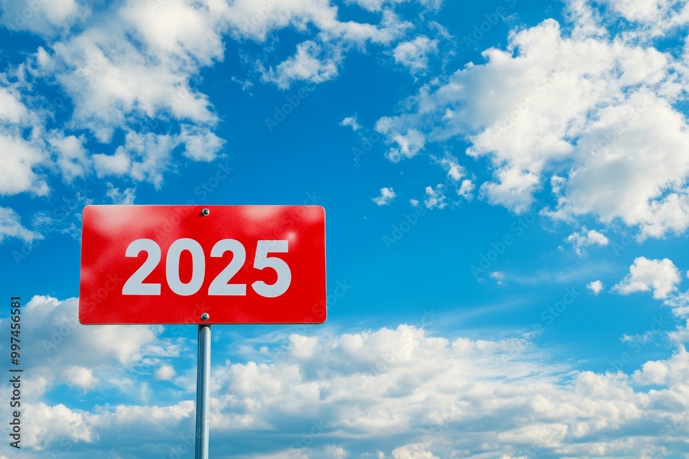 The bright red sign displaying 2025 stands out against a clear blue sky, symbolizing fresh beginnings and future aspirations