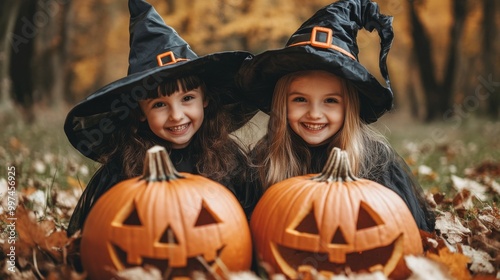 Halloween Celebrations with Witches and Pumpkins in an Autumn Forest Setting