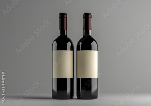 Two wine bottle mockup templates with blank labels, front view, on a grey background. photo