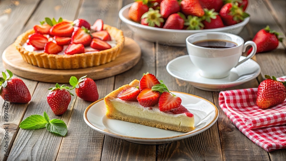 A slice of strawberry tart on a white plate with a cup of coffee and a checkered napkin on a wooden table A slice of strawberry tart on a white plate with a cup of coffee and a checkered napkin on a wooden table