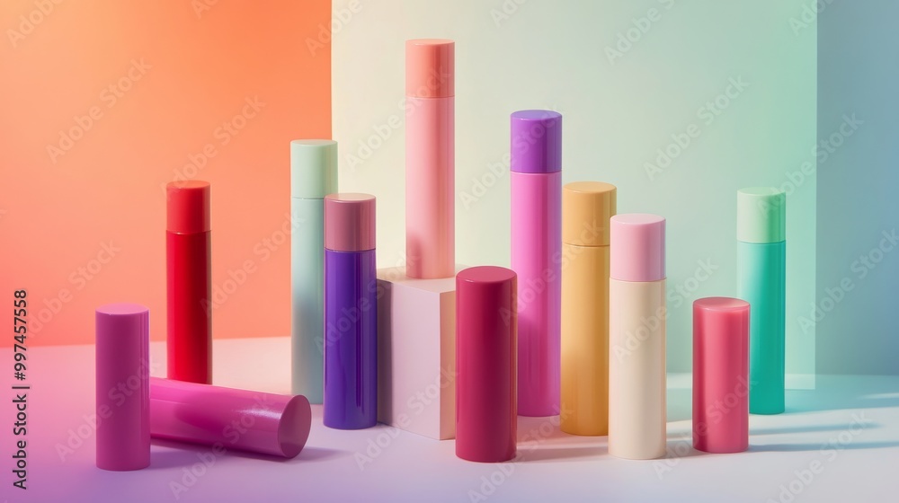 An elegant collection of lip balms in various colors, displayed in a chic arrangement. The balms are presented against a soft background, highlighting their glossy finishes An elegant collection of lip balms in various colors, displayed in a chic arrangement. The balms are presented against a soft background, highlighting their glossy finishes