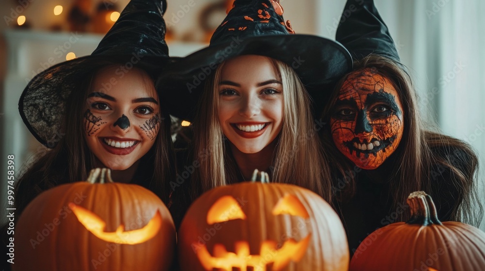 Halloween Celebrations with Witches and Pumpkins in an Autumn Forest Setting Halloween Celebrations with Witches and Pumpkins in an Autumn Forest Setting
