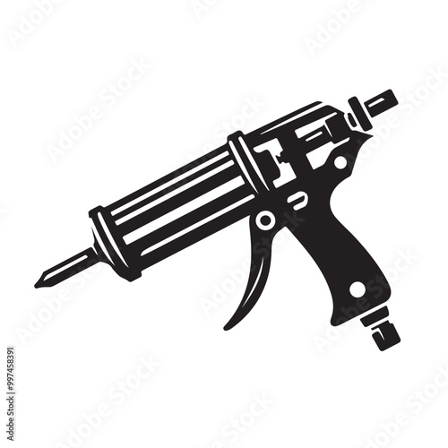 Caulking Gun Vector Illustration Isolated on White Background | Black Silicone Gun Caulking Glue Seal Icon | Sealant Applicator Tool for Construction and Home Repair Projects, Vector Image
