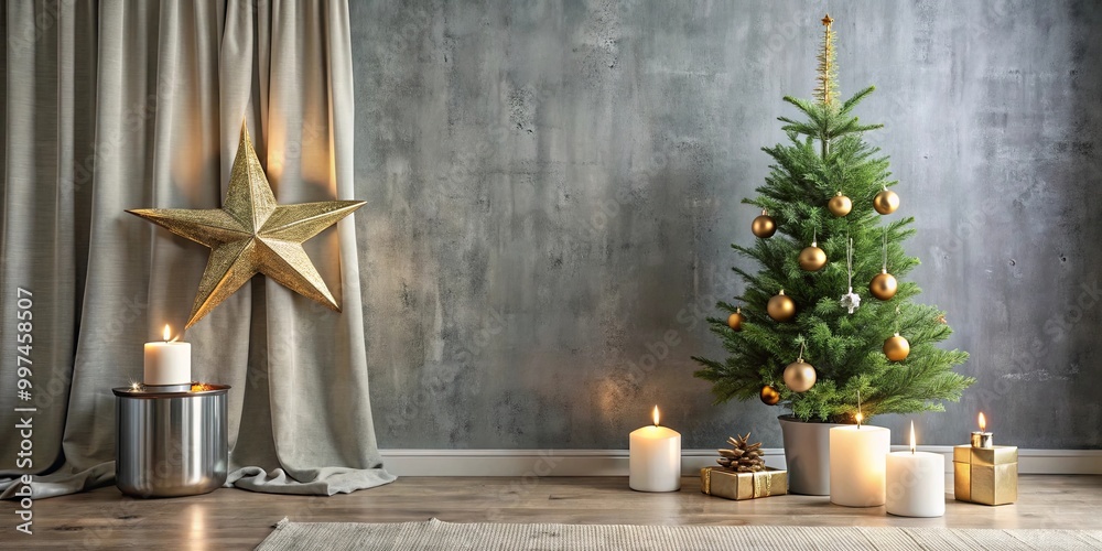 A Minimalist Christmas Decor with a Glittering Gold Star, a Small Decorated Tree, and Candles on a Wooden Floor