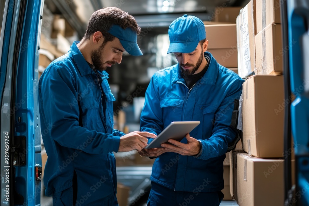 Delivery men in blue uniforms utilizing a tablet to manage packages inside a delivery van during their work shift Delivery men in blue uniforms utilizing a tablet to manage packages inside a delivery van during their work shift