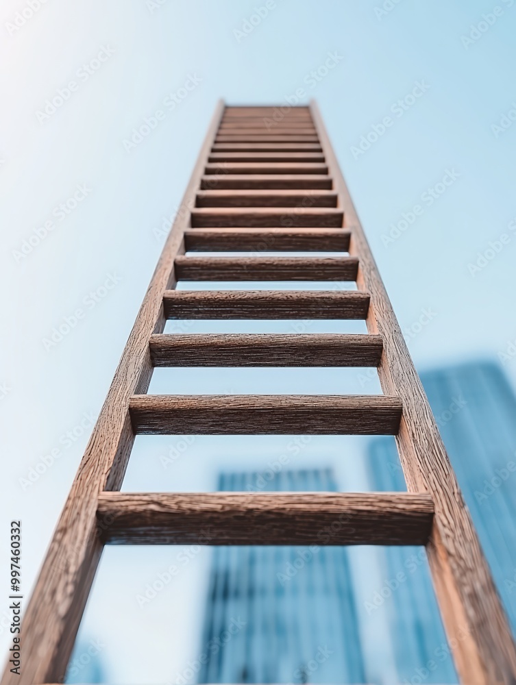 A ladder leading up to a distant city skyline, with each rung labeled as a business goal, minimalistic, peaceful, 3D render, top view.