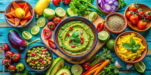 A Vibrant Display of Fresh Ingredients Ready for Culinary Creation, Featuring Green Dips, Yellow Spreads, and an Array of Colorful Vegetables