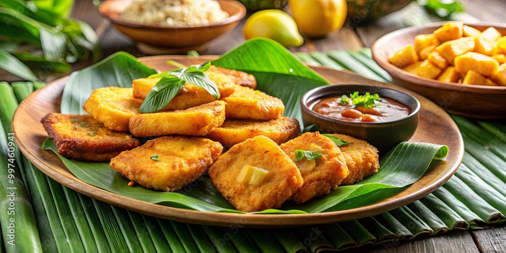 Crispy Fried Tofu Served on a Banana Leaf with a Side of Sweet and Spicy Sauce Crispy Fried Tofu Served on a Banana Leaf with a Side of Sweet and Spicy Sauce