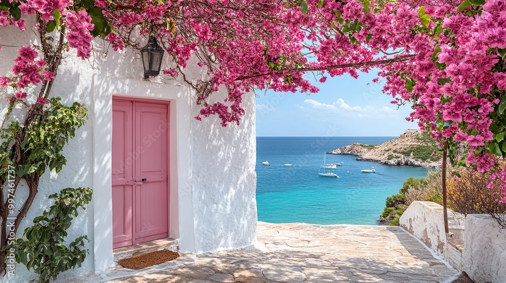 Fototapeta premium Coastal view with pink flowers and a door.