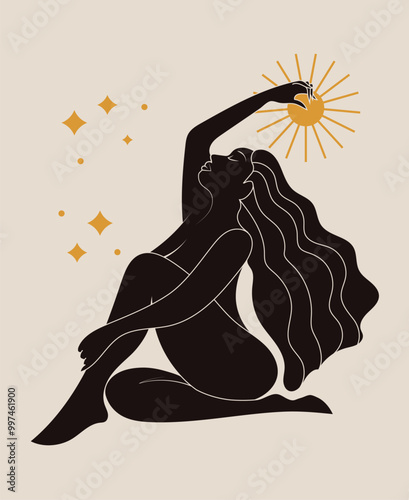 Black woman sitting nude illustration reaching for the stars and sun