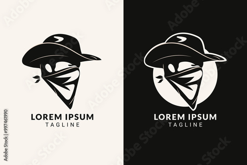 Cowboy hat and face covered bandit logo concept illustration in high contrast black and white