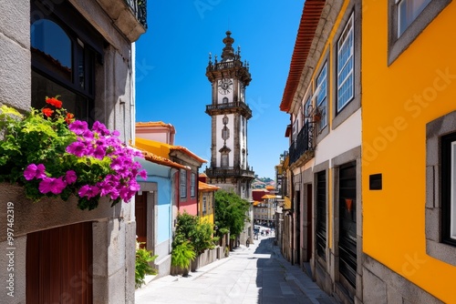 ClÃ©rigos Tower rising above the city of Porto, with its Baroque architecture standing tall over the narrow streets and colorful rooftops photo