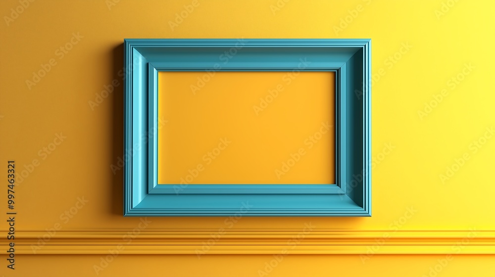 Blue picture frame on vibrant yellow wall, contrasting colors Blue picture frame on vibrant yellow wall, contrasting colors