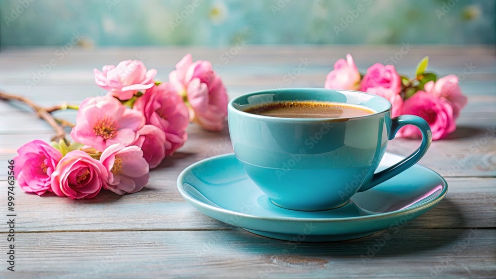 A blue ceramic cup filled with coffee sits on a saucer on a wooden table, surrounded by delicate pink blossoms, creating a serene and inviting scene.