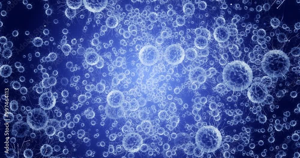 Bacteria, science and microbe in animation by blue background with 3d for clinical study. Virus, germ and pattern with closeup, zoom and glow on particles, dna or research for future innovation