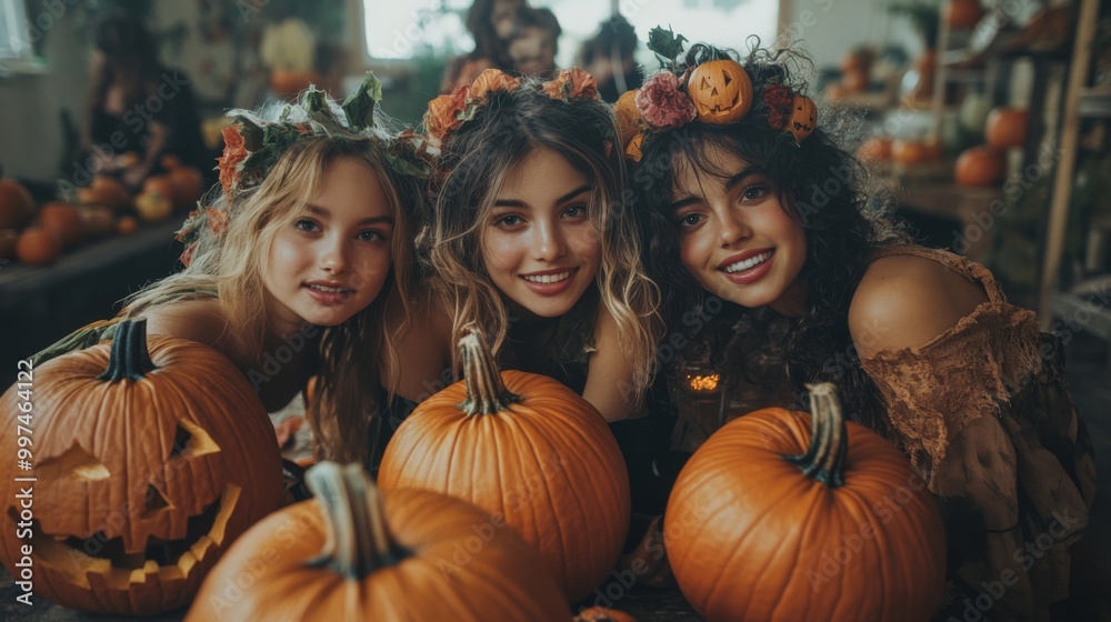 Halloween Celebrations with Witches and Pumpkins in an Autumn Forest Setting