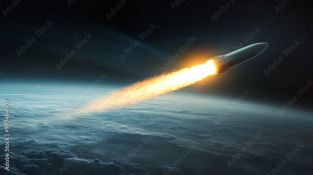 A rocket ascends through the atmosphere, leaving a bright trail of fire behind it. The rocket is seen against a background of clouds and the blackness of space. A rocket ascends through the atmosphere, leaving a bright trail of fire behind it. The rocket is seen against a background of clouds and the blackness of space.