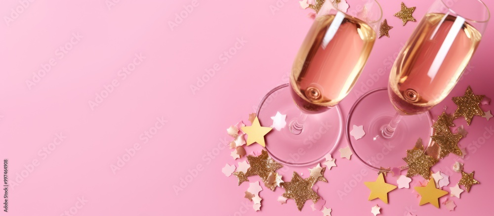 Fototapeta premium Two Glasses of Champagne on Pink Background with Gold Stars