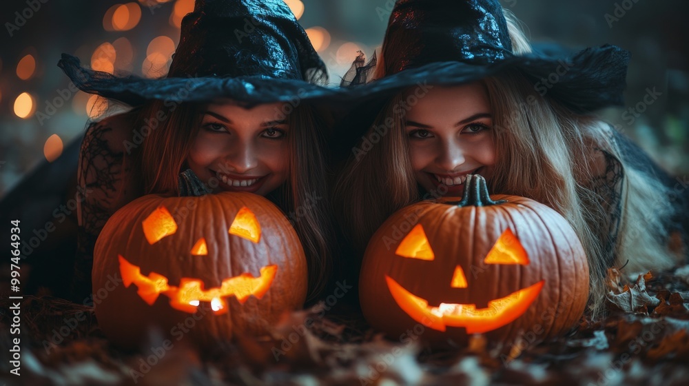 Halloween Celebrations with Witches and Pumpkins in an Autumn Forest Setting Halloween Celebrations with Witches and Pumpkins in an Autumn Forest Setting