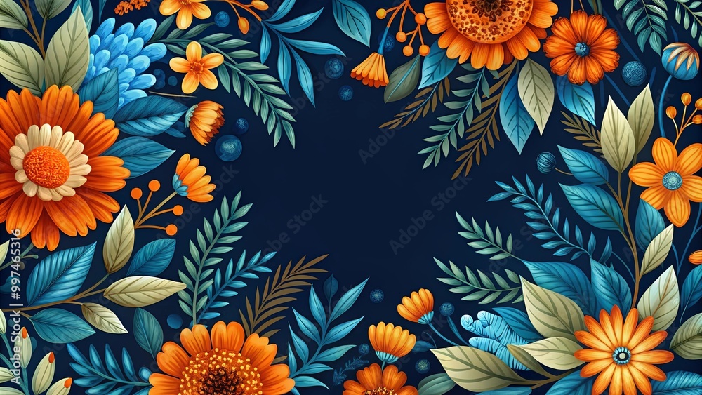 A vibrant floral frame featuring a captivating array of orange and yellow blossoms nestled amidst a lush backdrop of blue and green foliage, creating a visually stunning and harmonious design. A vibrant floral frame featuring a captivating array of orange and yellow blossoms nestled amidst a lush backdrop of blue and green foliage, creating a visually stunning and harmonious design.