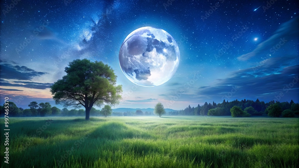 A serene landscape bathed in the ethereal glow of a full moon, with a canopy of twinkling stars above and a distant forest line silhouetted against the horizon A serene landscape bathed in the ethereal glow of a full moon, with a canopy of twinkling stars above and a distant forest line silhouetted against the horizon