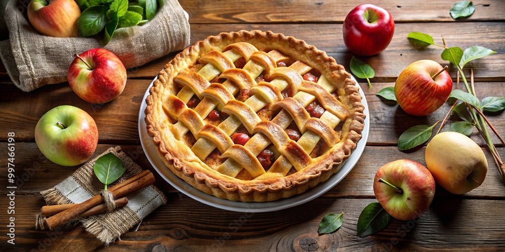 A freshly baked apple pie with a lattice crust, surrounded by whole apples and cinnamon sticks, on a rustic wooden table. A freshly baked apple pie with a lattice crust, surrounded by whole apples and cinnamon sticks, on a rustic wooden table.