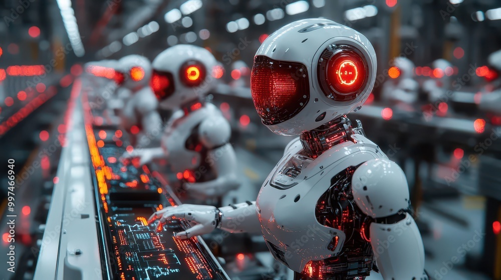 Fototapeta premium futuristic 3d robots collaborating in a smart factory setting representing m2m automation technology within the industry 40 landscape showcasing innovation and progress