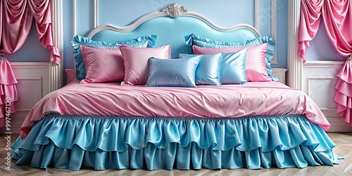 A luxurious bed dressed in soft pink and sky blue satin with a frilled bed skirt and matching pillows. photo