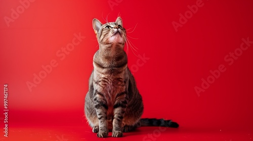 Curious Tabby Cat Looking Upwards on Vibrant Red Background photo