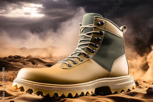 Design sleek desert combat boots in muted tan and olive green, set against a harsh desert battlefield with blowing sand and a setting sun photo