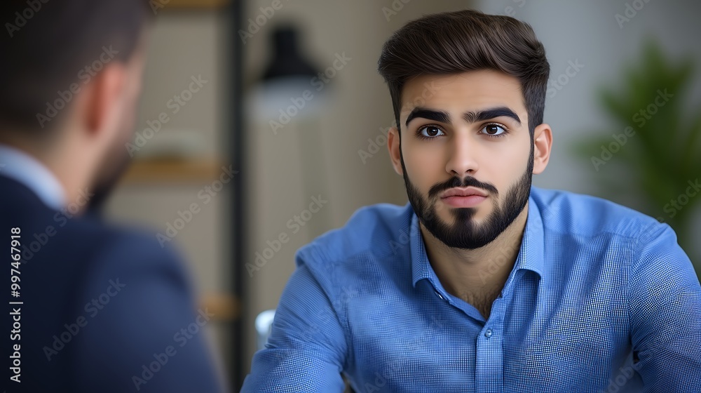 Young Businessman in Suit Engaged in Serious Conversation Young Businessman in Suit Engaged in Serious Conversation