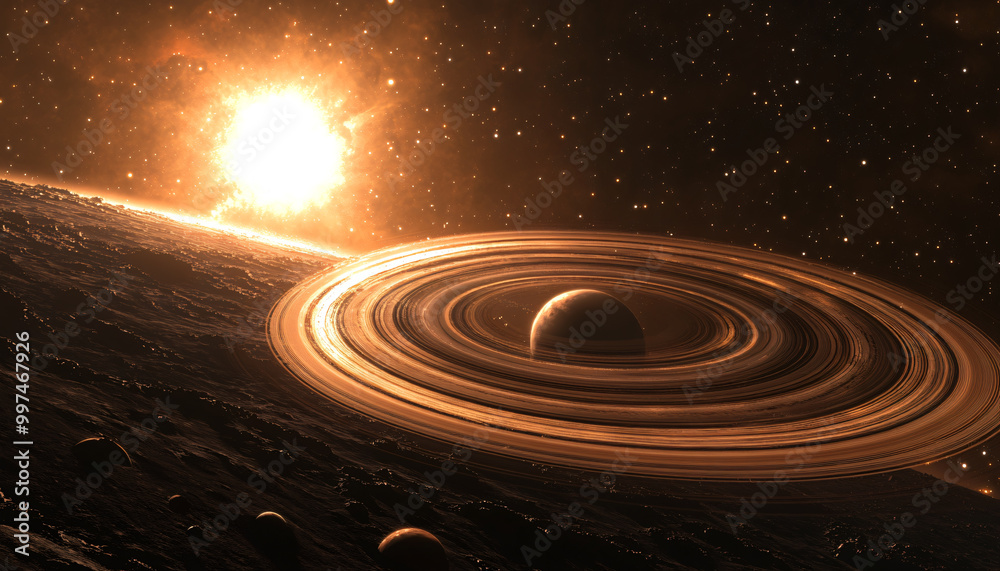 A detailed view of distant planets, with rings and moons set against a starry backdrop, creating a cosmic wonder A detailed view of distant planets, with rings and moons set against a starry backdrop, creating a cosmic wonder