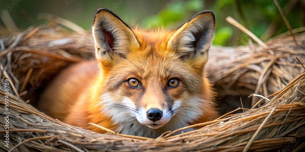 Obraz premium A red fox peeks out of a woven nest, its eyes focused on the camera, hinting at a sense of cunning and curiosity.