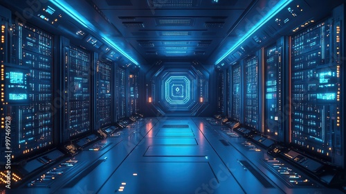 futuristic server room illuminated by cool blue lights showcasing towering servers intricate wiring and an array of glowing buttons creating a hightech ambiance