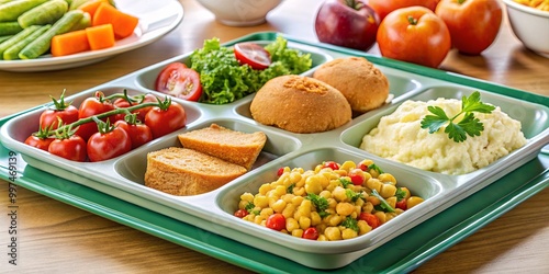 A school lunch tray with a variety of healthy foods, featuring mashed potatoes, corn, tomatoes, bread, and a salad.