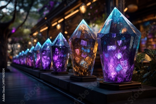 Fantasy customer data collection station, where mystical creatures enter their preferences into enchanted crystals that store their shopping habits photo