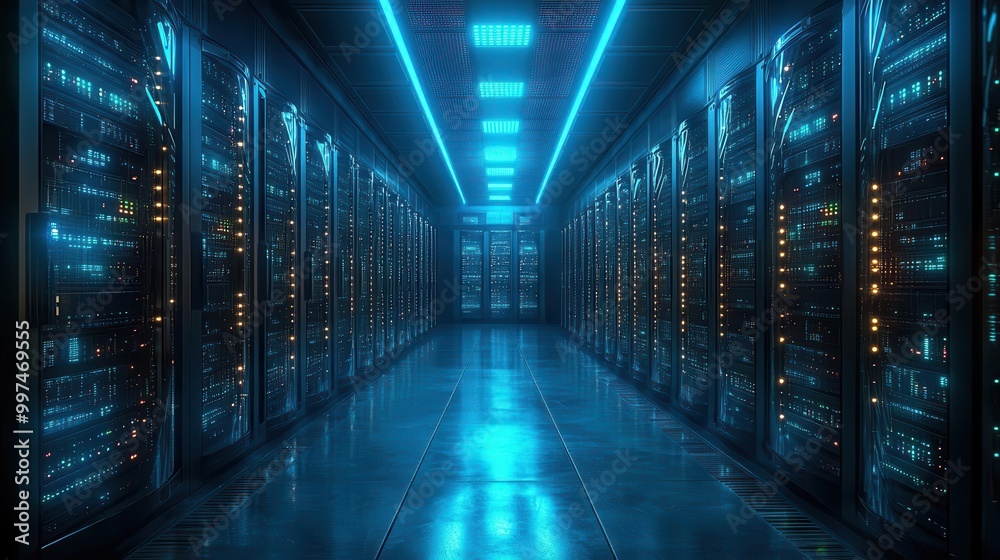 futuristic server room illuminated by cool blue lights showcasing towering servers intricate wiring and an array of glowing buttons creating a hightech ambiance futuristic server room illuminated by cool blue lights showcasing towering servers intricate wiring and an array of glowing buttons creating a hightech ambiance