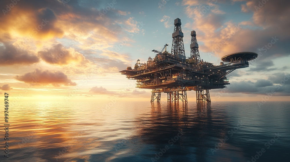 Offshore oil rig at sunset over calm waters. Offshore oil rig at sunset over calm waters.