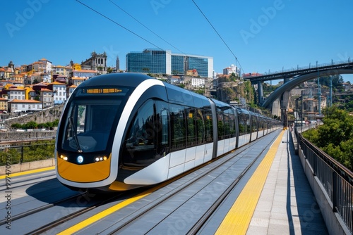 Futuristic Porto skyline, where modern, sleek skyscrapers rise alongside the historic architecture, and high-speed trains zip across the Dom LuÃ­s I Bridge, blending the old and the new photo